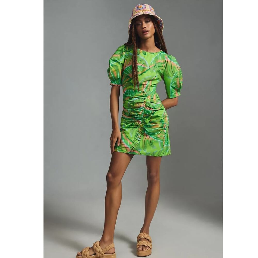 New Anthropologie Farm Rio Puff-Sleeve Mini Dress $190 MEDIUM Green TROPICAL